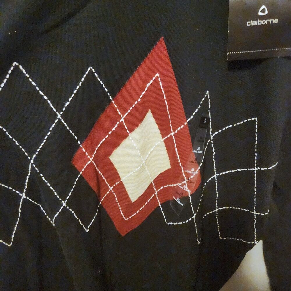 VTG Claiborne Black Red Argyle Diamond Cotton Golf Grandpa Sweater XL Long NWT - Picture 3 of 8